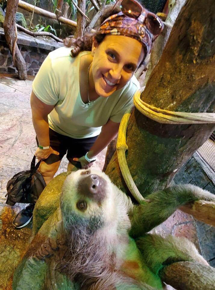 Gail Zemmol and a sloth in Costa Rica in 2019